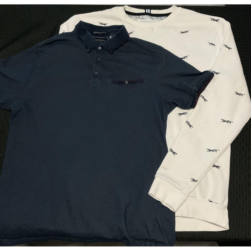 Denim & Flower Sweatshirt Polo Mens Large‎ White Navy Animal Embroidered Lot 2